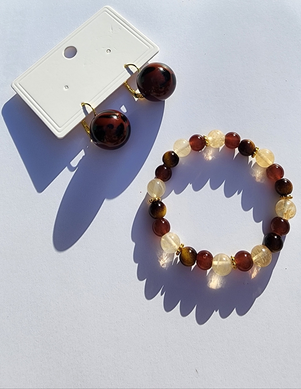 Brown Cream Beaded Bracelet and Earrings Set